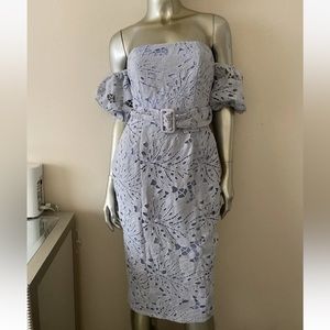 Baby blue Embroider lace Midi Dress off shoulder puff sleeve 2 strapless corset